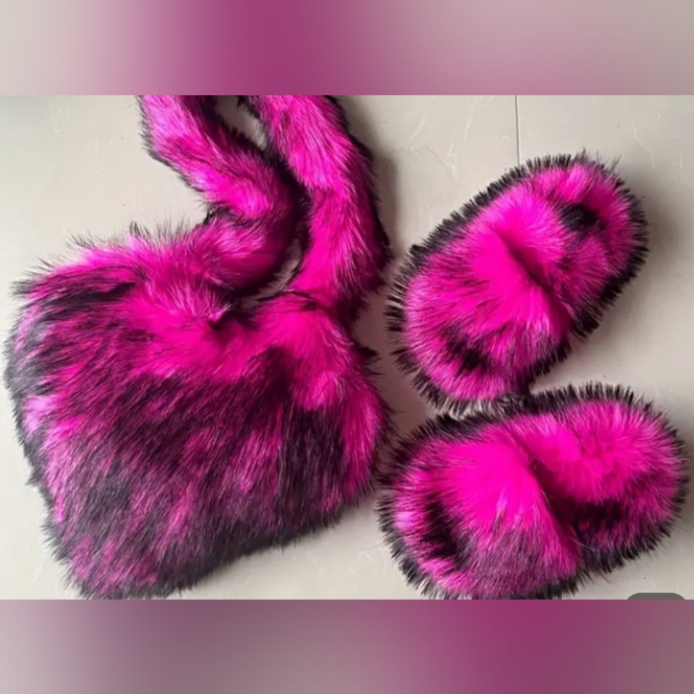 Fluffy heart shaped crossbody and fluffy slippers.